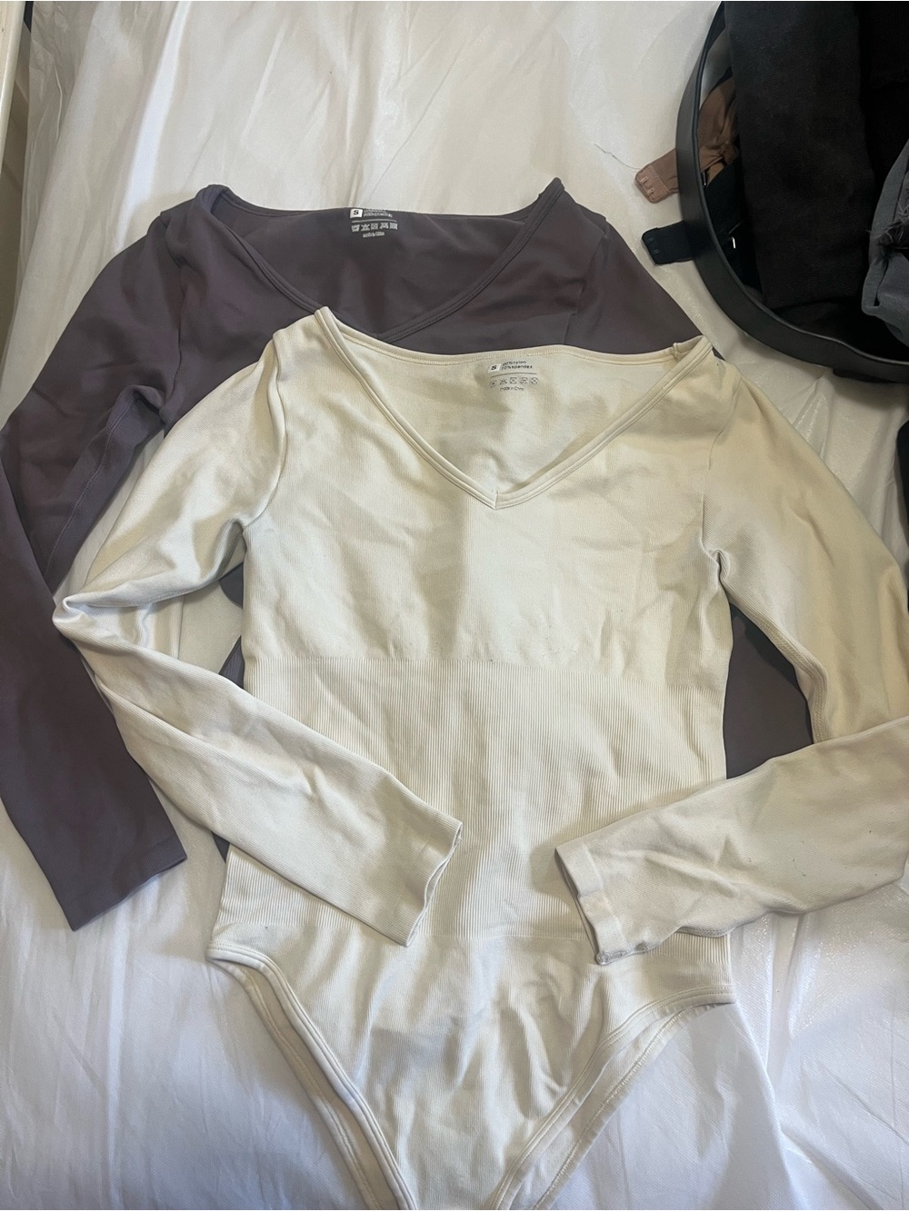 Women's Long-Sleeve V-Neck Bodysuit - Cream and Brown